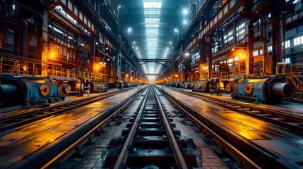 Obraz premium Industrial Warehouse with Steel Rails and Dim Lighting Atmosphere