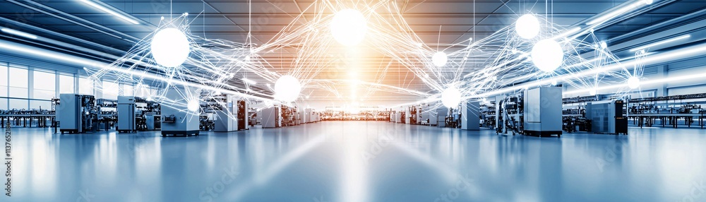 Poster ai-driven factory floor with interconnected machinery, emphasizing integration and artificial intell