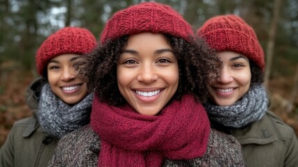 Three cheerful women stand closely together in a forest, wearing red knit hats and gray scarves. Their bright smiles capture the warmth of a sunny winter day in nature