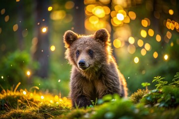 Fototapeta premium Long Exposure Cub Bear Photos: Adorable Wildlife Photography, Nighttime Forest Scenes, Blurred Motion, Baby Bear Images, Nature Photography