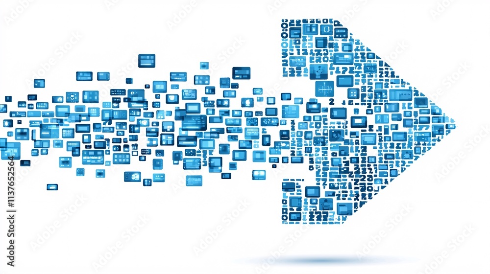 Poster an upward arrow made of binary code streams, representing digital growth and integrated modernizatio