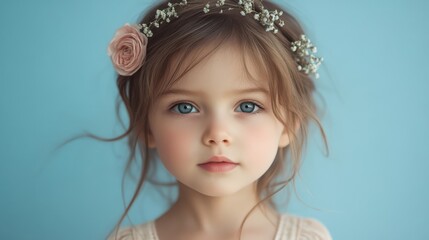 Fototapeta premium Portrait of Cute Child Girl Over Pastel Blue Background 