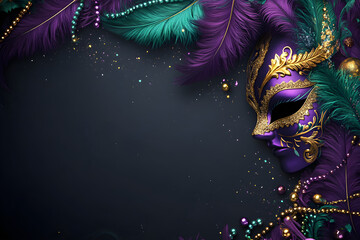 Elegant Mardi Gras Mask with Feathers and Beads Festive Carnival Background