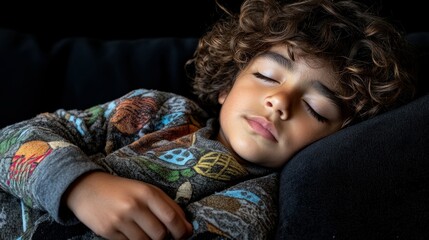 A young boy with curly hair is sleeping soundly on a black couch, wrapped in a colorful sweater. The quiet atmosphere and gentle lighting create a warm and serene environment