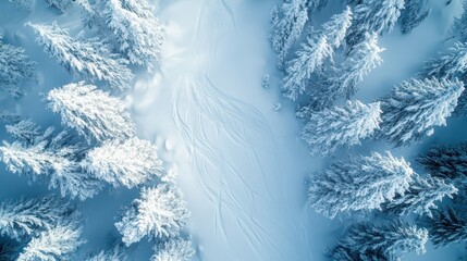 Top View of White Ski Tracks on Snow Background Banner