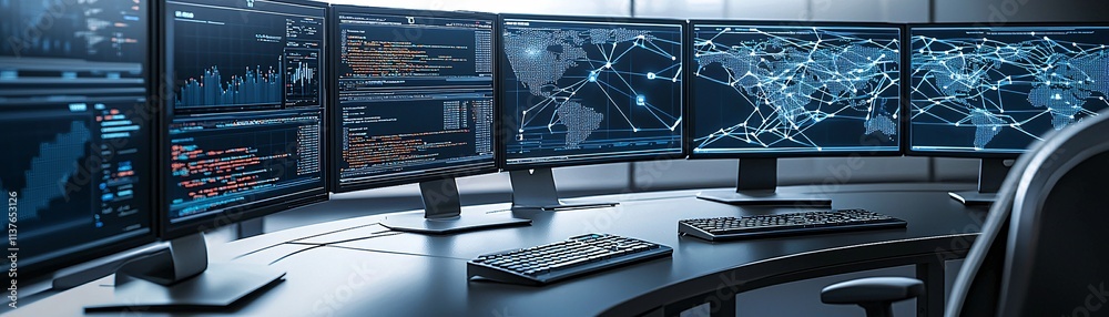 Poster sleek office space featuring futuristic gadgets and an interconnected workflow setup, emphasizing op