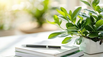 Healthy green plant on white table with small notebook and pen, symbolizing health advice and wellness tips, clean and focused image with copy space for text.
