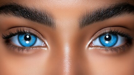 Obraz premium The close-up displays a pair of captivating blue eyes framed by full dark eyebrows and long lashes, showcasing a mesmerizing gaze and impressive detail