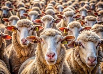 Obraz premium Sheep Shearing Season: Close-Up Flock of Sheep Heads, Agricultural Photography