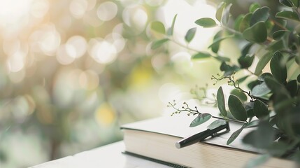 Healthy green plant on white table with small notebook and pen, symbolizing health advice and wellness tips, clean and focused image with copy space for text.