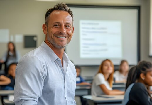Happy Male Teacher Smiles In A Classroom Setting