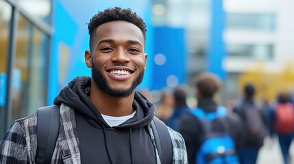 Fototapeta premium A young man stands in front of a colorful building, wearing a hoodie and a flannel shirt. He smiles broadly while friends walk by in the busy background on a bright autumn day
