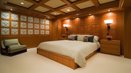 Fototapeta premium Luxurious Master Bedroom with Wooden Paneling and Elegant Decor