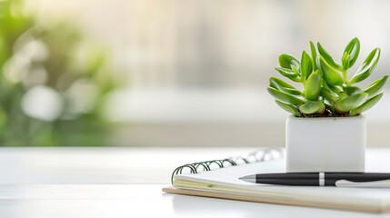 Healthy green plant on white table with small notebook and pen, symbolizing health advice and wellness tips, clean and focused image with copy space for text.