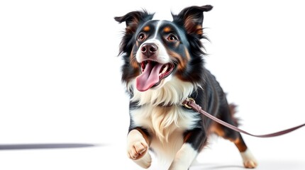 Fototapeta premium A lively dog enthusiastically pulls on its leash while enjoying a vibrant walk in a sunny environment, radiating happiness and excitement