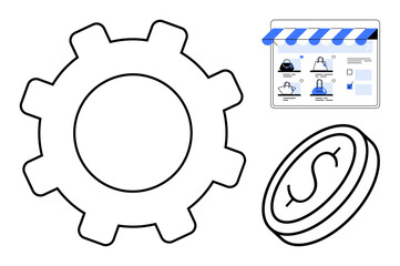 Gear outline, coin with dollar symbol, and online shopping webpage with blue elements. Ideal for finance, e-commerce, business strategy, online transactions, technology, digital marketing website
