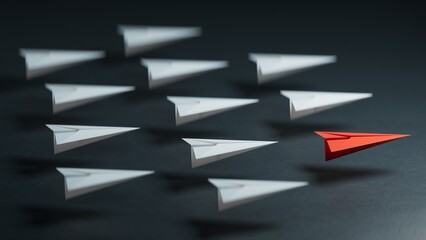 Different business concept.new ideas. paper art style.Leaderplane concept with red paper plane leading among white planes.3D rendering on black background.