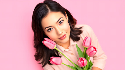 Fototapeta premium Portrait of Woman Holding Pink Tulips on Pink Background 