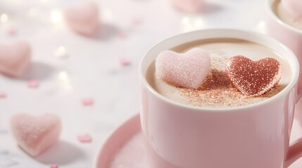 A cozy cup of creamy drink topped with heart-shaped sugar, perfect for sweet moments and romantic occasions.