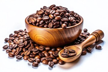 Fototapeta premium Silhouette Coffee Beans: Wooden Bowl, Scoop, Dark Roast, Isolated White Background