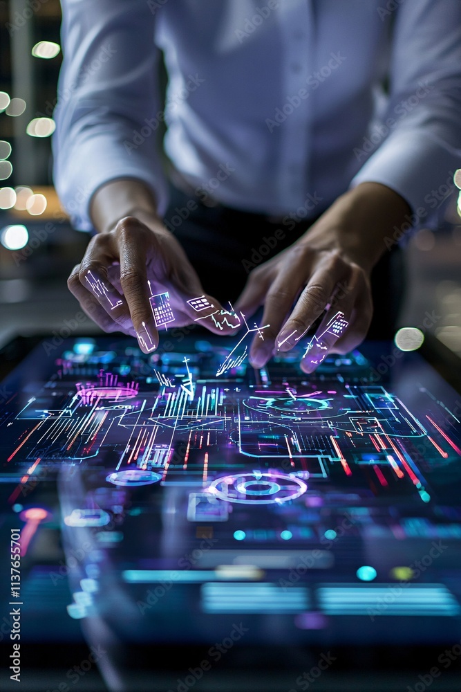 Poster cutting-edge technology interface with process optimization graphs on a vibrant digital display
