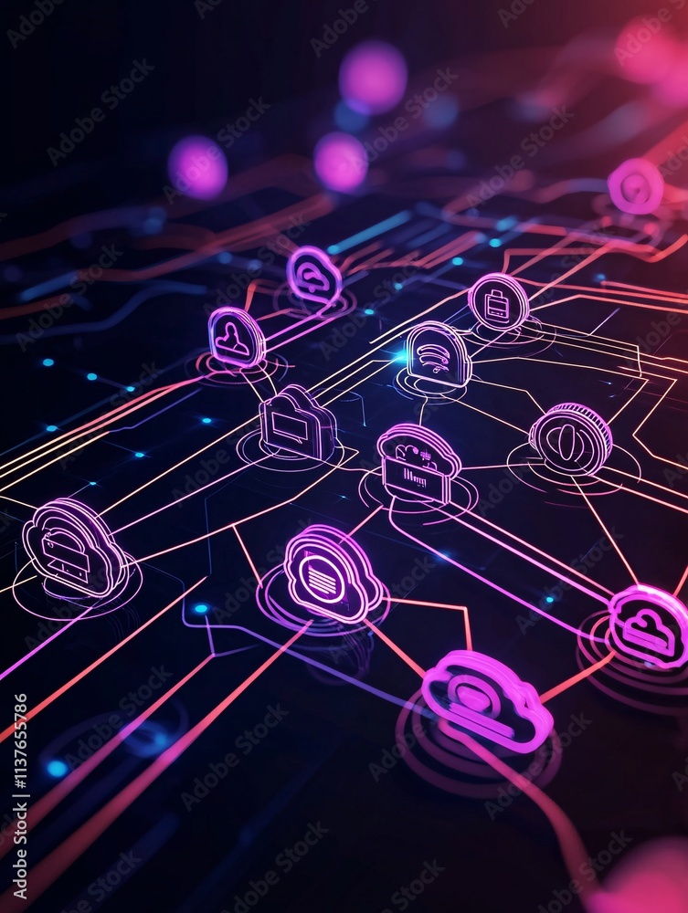 Poster abstract representation of data flow and cloud storage solutions with glowing icons