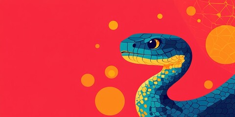 Fototapeta premium background featuring a charming geometric pattern of snakes on a vibrant red backdrop. This modern flat illustration showcases a festive atmosphere with golden ingot decorations, symmetrical layout, a