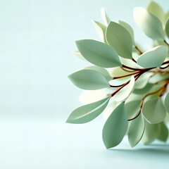 Delicate green leaves on a branch softly illuminated, with a blurred light blue background creating a calm and natural atmosphere.  
