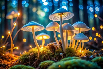 Fototapeta premium Long Exposure Photography: Ethereal White Wild Mushrooms, Glowing Fungi, Forest Floor, Night Photography, Magical Mushrooms, Fairy Tale Forest