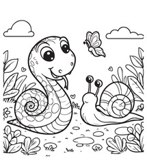Cute snake and snail coloring page design 
