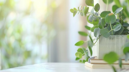 Healthy green plant on white table with small notebook and pen, symbolizing health advice and wellness tips, clean and focused image with copy space for text.