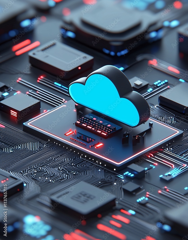 Poster abstract design with glowing circuits representing cloud connectivity and data flow