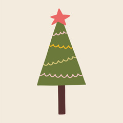 Cute decorated Christmas tree isolated on a white background. Vector hand-drawn flat illustration. Perfect for holiday designs, cards, decorations, logo. 
