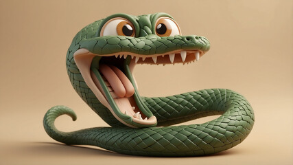 Fototapeta premium A moody style professional photograph of a 3D rendering clay plastic style green snake with an open mouth and big eyes on a mocha mousse background.