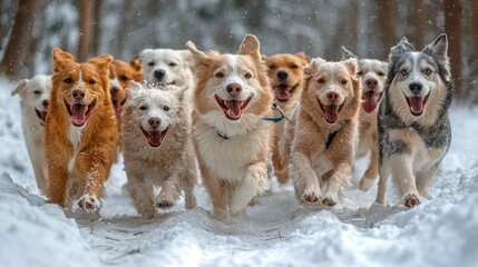 A pack of happy dogs dashes through deep snow in a forest, their leashes pulled tight as they explore the winter wonderland together on a lively afternoon