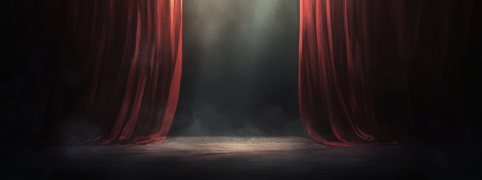 Illustration of dark background with red curtains on the sides and a soft spotlight, creating a dramatic stage effect.