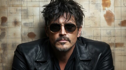 Obraz premium A man with dark tousled hair and sunglasses wears a black leather jacket while posing against a textured wall, radiating a confident demeanor