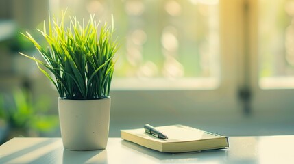 Healthy green plant on white table with small notebook and pen, symbolizing health advice and wellness tips, clean and focused image with copy space for text.