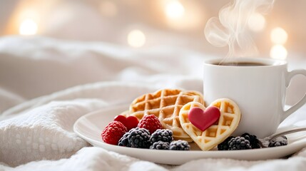A cozy breakfast with steaming coffee, heart-shaped waffle, and fresh berries set against a soft, warm background.