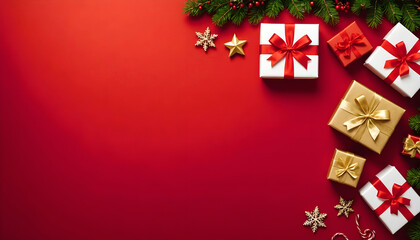 christmas gifts with gold and red bows, pine branches, and stars on red background