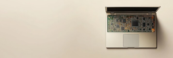 Disassembled laptop showing circuit board components on a beige background.
