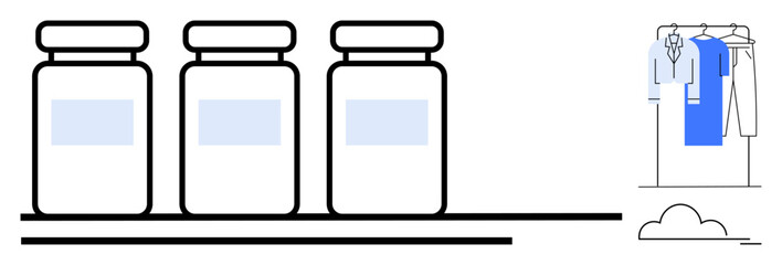 Three medicine bottles on a shelf alongside various clothes hanging on a rack. Ideal for healthcare, lifestyle, wellness, pharmacy, home organization, product categorization, and daily routines. Line