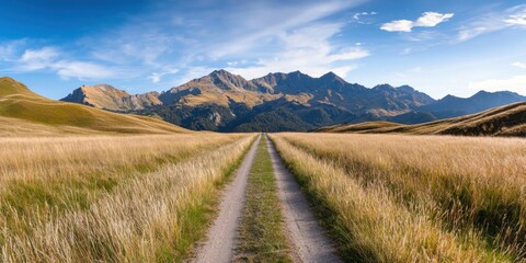 Obraz premium Stunning mountain landscape rural road photography open field wide angle nature's serenity