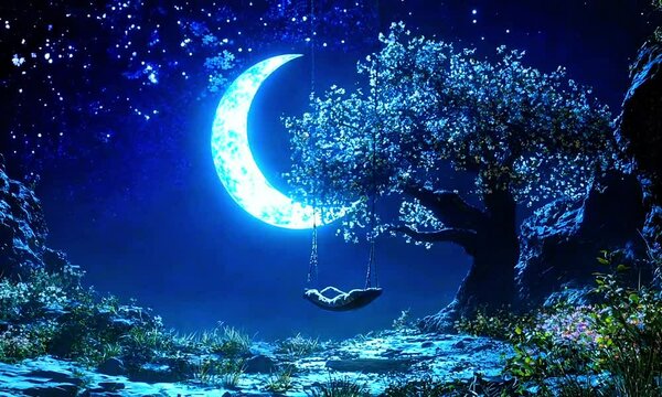 Dreamy night sky with a glowing crescent moon, a person on a swing under a magical tree, enchanting blue hues, perfect for serene, peaceful, and whimsical creative projects and storytelling visuals.