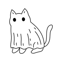 Cat dressed like a ghost isolated on a white background. Hand-drawn vector illustration in doodle style. Perfect for decorations, logo and Halloween designs.
