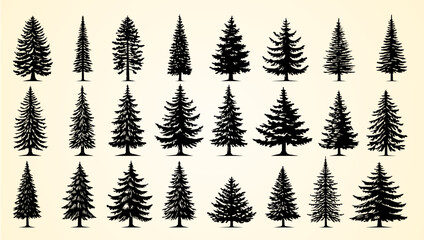 Silhouettes of various evergreen trees showcasing different shapes and styles in black.