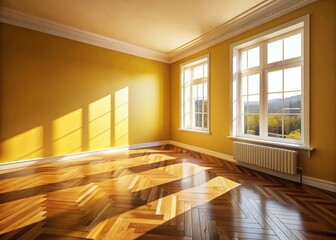 Long Exposure Sunlight on Yellow Wall Wooden Parquet Floor 3D Render - Realistic Interior Photography