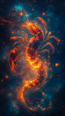 A striking scorpion zodiac symbol emerges in a vibrant, abstract background with spiritual flames, blending mysticism and fire energy. Perfect for astrology designs.