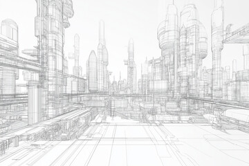 A futuristic cityscape rendered in digital wireframes, showcasing the integration of Building Information Modelling (BIM) technologies