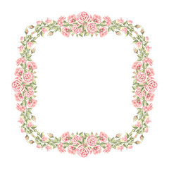 Pink roses with green leaves. Spring flowers square frame, border. Template with copy space. Hand drawn watercolor illustration isolated. Background for invitation, wedding, Valentines Day, textile.